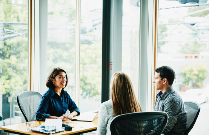 Business woman in discussion with clients