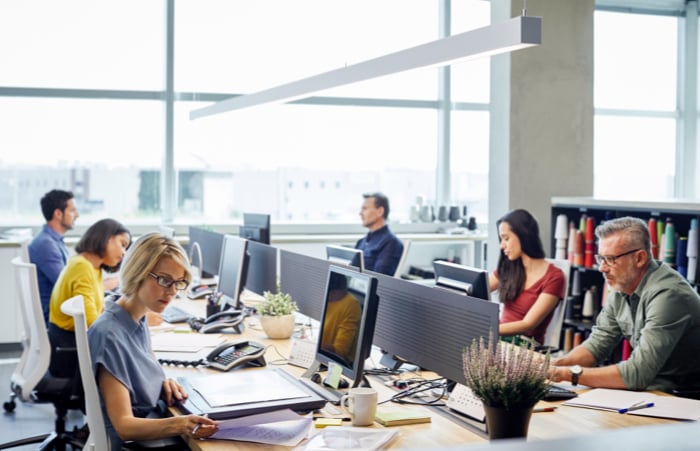 Team working on computers in office