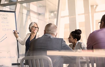 Woman presenting finances to group