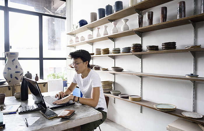 Young Entreprenuer Working at Laptop in Her Store