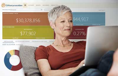 Older Woman Relaxing on Couch Looking at Laptop Client Dashboard Background