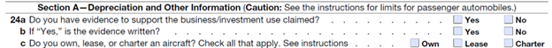IRS Form 4562 Section A with questions about business aircraft use, documentation, and ownership type