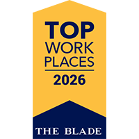 A yellow and blue badge saying "Top Work Places 2026" at the top in the yellow section and "The Blade" at the bottom in the blue section.