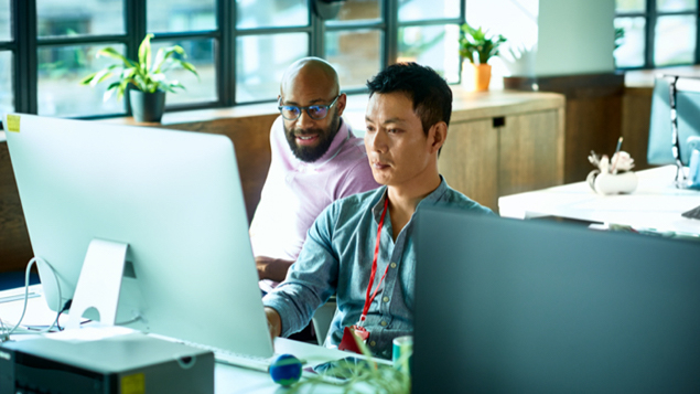 Computer Programmer Working with Male Colleague in Office