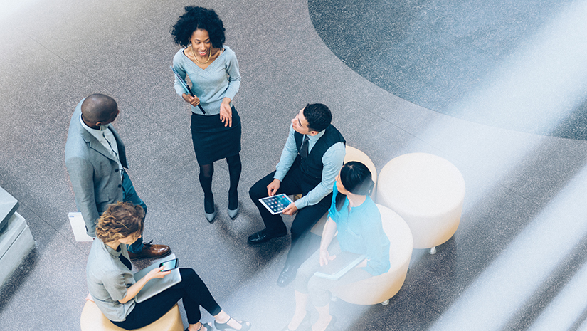 Overhead view of business people in a meeting