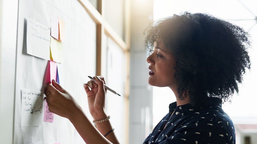 African american woman writing notes on the wall