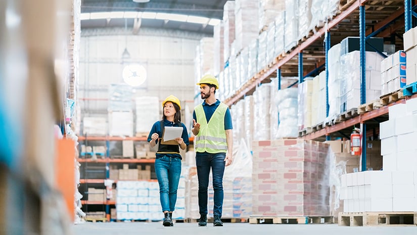 Two employees checking inventory on warehouse racks