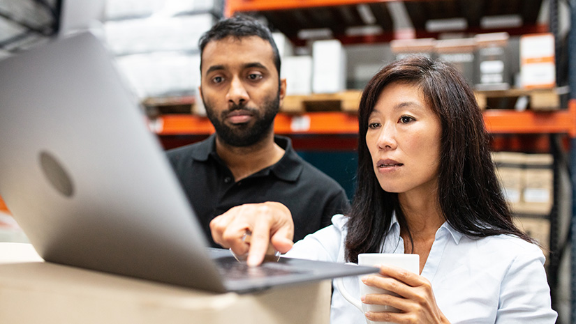 Warehouse staff working on laptop