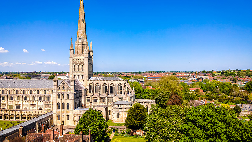 Aerial view of Norwich Cathedral located in Norwich