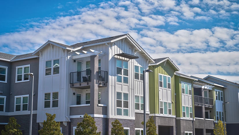 Angle view of an apartment building with a cloudy sky