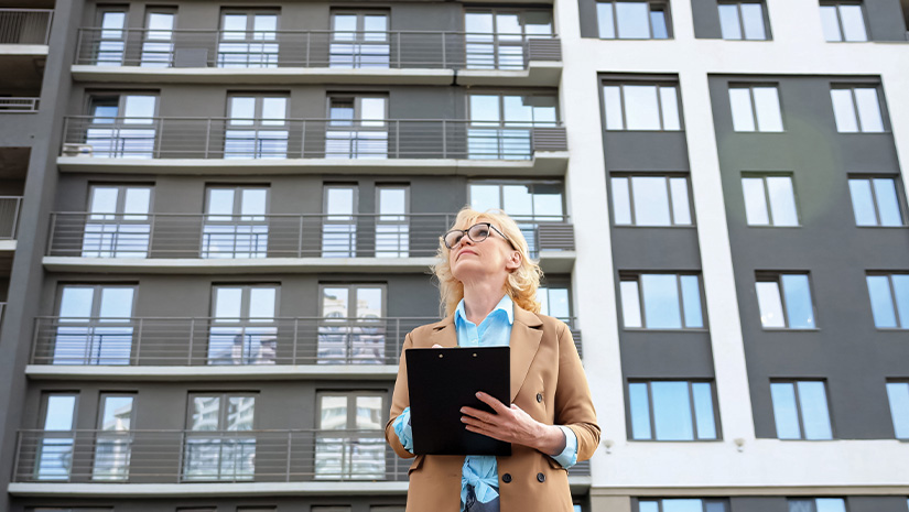 Woman in front of tall building making notes