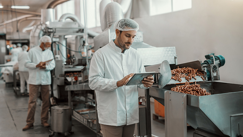 Young Caucasian serious supervisor evaluating quality of food in food plant